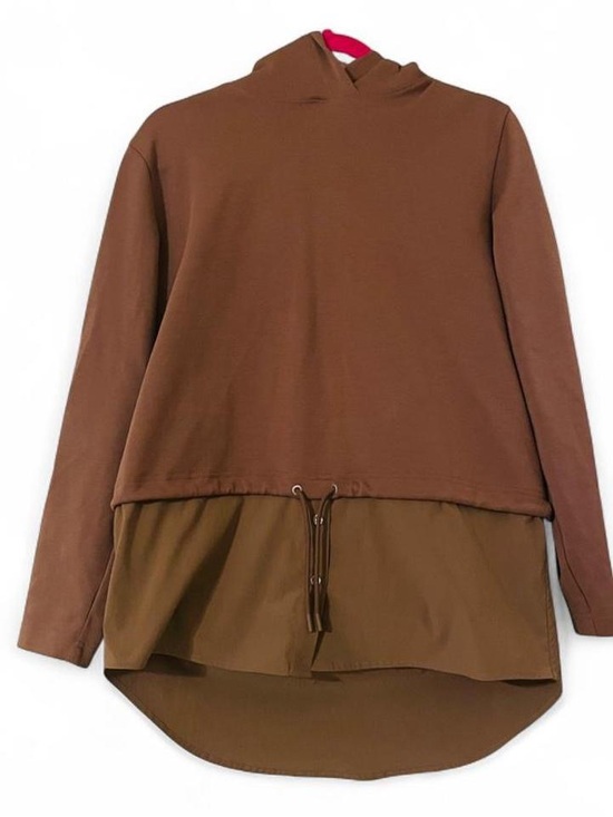 Athleta Jackets & Blazers - Athleta Gallery Hoodie Tunic Mixed Media Brown Sweatshirt Size M